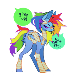 Size: 794x794 | Tagged: safe, artist:cutesykill, derpibooru import, rainbow dash, pegasus, pony, g4, alternate hairstyle, alternate tailstyle, alternate universe, bandage, bandaged body, bandaged leg, bandaged neck, bandaged wing, big ears, blue coat, butt fluff, concave belly, dialogue, ears, folded wings, frown, headcanon, long legs, multicolored hair, narrowed eyes, no catchlights, offscreen character, pink eyes, rainbow dash can't fly, rainbow hair, rainbow tail, simple background, slender, slit eyes, speech bubble, spiky mane, spiky tail, tail, talking, text, thin, thin legs, white background, wings