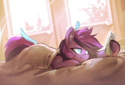 Size: 2600x1777 | Tagged: safe, artist:mirroredsea, derpibooru import, oc, oc only, oc:plexa, earth pony, pony, ahoge, bed, blanket, blue eyes, body markings, bored, brown hooves, cellphone, colored ear fluff, colored hooves, covers, detailed background, ear fluff, ears, eyelashes, facial markings, floating hair, hoof hold, hooves, in bed, iphone, iphone 14 pro, lidded eyes, lying down, multicolored mane, multicolored tail, no pupils, nose blush, phone, purple coat, purple mane, shading, smartphone, tail, three toned mane, three toned tail, window