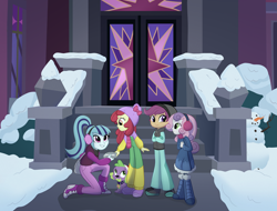 Size: 5279x4005 | Tagged: safe, artist:damayantiarts, derpibooru import, apple bloom, scootaloo, sonata dusk, spike, spike the regular dog, sweetie belle, dog, human, equestria girls, g4, adorabloom, boots, christmas, clothes, commission, cute, cutealoo, cutie mark crusaders, cutie mark cuties, diasweetes, earmuffs, female, gloves, grin, hat, holding hands, holiday, looking at each other, looking at someone, male, santa hat, scarf, sci-twi's house, shoes, smiling, smiling at each other, snow, snowman, sonatabetes, steps, winter clothes, winter hat