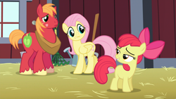 Size: 1920x1080 | Tagged: safe, anonymous artist, derpibooru import, edit, edited screencap, screencap, apple bloom, big macintosh, fluttershy, earth pony, pegasus, pony, brotherhooves social, g4, barn, caught, character swap, female, filly, fluttermac, foal, grin, gritted teeth, kiss mark, lidded eyes, lipstick, male, mare, shipping, smiling, smirk, stallion, straight, teeth, trio