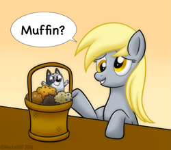 Size: 2051x1796 | Tagged: safe, artist:meckelart, derpibooru import, derpy hooves, dog, pegasus, pony, g4, season 5, slice of life (episode), adorkable, australian cattle dog, bluey, cute, derpabetes, dialogue, dork, female, food, mare, muffin, muffin heeler, namesake, pun, scene interpretation, signature, solo, visual pun