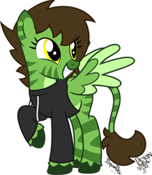 Size: 3340x3839 | Tagged: safe, artist:deyrasd, derpibooru import, oc, oc only, oc:suzy mint, hybrid, zebra, zony, black hoodie, brown mane, brown tail, clothes, coat markings, colored, colored belly, colored eartips, colored hooves, colored wings, colored wingtips, ear markings, eyelashes, facial markings, female, female oc, flat colors, golden eyes, green hooves, green wingtips, hoodie, hooves, leg markings, leonine tail, pale belly, raised hoof, raised leg, signature, simple background, smiling, snip (coat marking), solo, spiky mane, spread wings, standing, striped, stripes, tail, tail markings, transparent background, two toned wings, unshorn fetlocks, wings, zebra oc, zebrasus