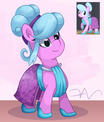 Size: 1200x1400 | Tagged: safe, artist:swasfews, derpibooru import, earth pony, pony, g4, rarity takes manehattan, abstract background, background pony, clothes, coral shine, dress, eye clipping through hair, hoof shoes, screencap reference, shiny mane, signature, smiling, solo, standing