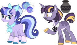 Size: 2520x1480 | Tagged: safe, artist:strawberry-spritz, derpibooru import, oc, oc only, oc:elegant sequins, oc:shale shatter, pony, unicorn, g4, bangs, base used, blaze (coat marking), blue bow, blue hooves, bobcut, bow, coat markings, colored, colored belly, colored hooves, colored pinnae, countershading, ear piercing, earring, eye markings, eyelashes, facial markings, female, flat colors, frown, golden eyes, hair accessory, hair bow, half-sisters, hooves, horn, jewelry, lavender coat, leg markings, lidded eyes, long mane, long tail, looking at someone, magical lesbian spawn, mane accessory, mare, neckerchief, next generation, oc redesign, offspring, pale belly, parent:maud pie, parent:suri polomare, parent:twilight sparkle, parents:surilight, parents:twimaud, pearl earrings, piercing, purple coat, raised hoof, raised leg, short hair, short mane, short tail, shrunken pupils, simple background, smiling, smiling at someone, snip (coat marking), socks (coat marking), standing on three hooves, tail, three toned mane, three toned tail, transparent background, wall of tags, white belly, worried, yellow hooves