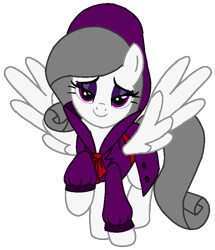 Size: 695x809 | Tagged: safe, artist:noi kincade, derpibooru import, oc, oc only, oc:oliver spade, pegasus, pony, base used, clothes, colored, detective, detective hat, eyelashes, eyeshadow, fedora, female, female oc, flat colors, gray mane, gray tail, hat, looking at you, makeup, mare oc, pegasus oc, pixel-crisp art, purple eyes, purple eyeshadow, raised hoof, raised leg, ringlets, simple background, smiling, smiling at you, solo, spread wings, standing on three hooves, transparent background, trenchcoat, vector, white coat, wings