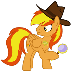 Size: 777x773 | Tagged: safe, artist:noi kincade, derpibooru import, oc, oc only, oc:firey ratchet, pegasus, pony, badge, detective, fedora, hat, magnifying glass, simple background, solo, transparent background, vector