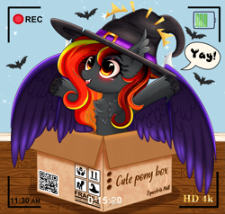 Size: 2407x2290 | Tagged: safe, artist:schwinarts, derpibooru import, oc, oc only, oc:spirit harvest, bat, bat pony, hybrid, pegasus, pony, g4, bat pony pegasus, box, camera shot, chest fluff, ear fluff, ears, fangs, female, halloween, happy, hat, holiday, hooves, hybrid wings, indoors, mare, open mouth, pony in a box, raised hooves, smiling, solo, spread wings, wings, witch hat