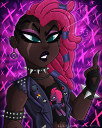 Size: 1638x2048 | Tagged: safe, artist:midnight-the-goth-artist, derpibooru import, tempest shadow, human, g4, choker, clothes, dark skin, dreadlocks, ear piercing, earring, eye scar, facial scar, fingerless gloves, gloves, humanized, jewelry, middle finger, piercing, scar, spiked choker, spiked wristband, vest, vulgar, wristband