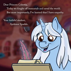 Size: 800x800 | Tagged: safe, artist:wiggles, derpibooru import, oc, oc only, oc:ayelenor sparkle, pony, unicorn, blurry background, female, golden oaks library, horn, magic, mare, quill, scroll, smiling, solo, text