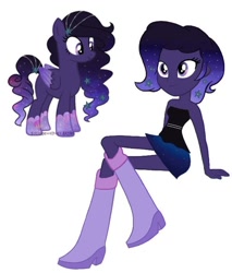 Size: 592x696 | Tagged: safe, derpibooru import, oc, oc only, equestria girls, g4, bare shoulders, boots, clothes, equestria girls oc, equestria girls-ified, ethereal mane, high heel boots, long mane, shirt, shoes, simple background, skirt, solo, starry hair, starry mane, starry tail, tail, thin, white background