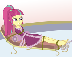 Size: 2500x2000 | Tagged: safe, artist:nie-martw-sie-o-mnie, derpibooru import, part of a set, sour sweet, human, equestria girls, g4, bathrobe, bondage, clothes, feather, feet, female, foot tickling, freckles, high ponytail, robe, rope, rope bondage, solo, spa, tickling, tied down