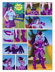 Size: 1850x2413 | Tagged: safe, artist:vytz, derpibooru import, sci-twi, twilight sparkle, human, robot, equestria girls, g4, alternate universe, armor, bondage, briefcase, comic, commission, disguise, encasement, mecha, mecha suit, ponysuit, power armor, robot suit, sign, superhero, suspicious