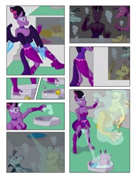 Size: 1850x2413 | Tagged: safe, artist:vytz, derpibooru import, adagio dazzle, aria blaze, sci-twi, sonata dusk, twilight sparkle, robot, siren, equestria girls, g4, alternate universe, aquarium, armor, blast, bondage, breaking and entering, comic, commission, disguise, encasement, flying, levitation, lock, magic, magic beam, magic blast, mecha, mecha suit, padlock, ponysuit, power armor, rescue, robot suit, rubber suit, skinsuit, superhero, telekinesis, the dazzlings, underwater, water