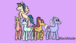 Size: 1280x720 | Tagged: safe, artist:blackblade360, derpibooru import, indigo zap, lemon zest, sour sweet, sugarcoat, sunny flare, earth pony, pegasus, pony, unicorn, equestria girls, friendship games, g4, blue coat, equestria girls ponified, female, flying, glasses, goggles, horn, ibispaint x, looking at you, mare, multiple characters, ponified, purple background, raised leg, red coat, shadowbolts, signature, simple background, species swap, spread wings, tail, two toned mane, two toned tail, wings, yellow coat