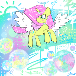 Size: 2500x2500 | Tagged: safe, artist:duckchip, derpibooru import, pinkie pie, oc, oc:silky shine, alicorn, butterfly, earth pony, g4, abstract background, alicorn oc, blush scribble, blushing, bubble, choker, cloud, collar, colored hooves, colored wings, crying, female, flying, heart, hooves, horn, horn ring, jewelry, mare, memory, not fluttershy, not species swap, patterned background, rainbow eyes, regalia, ring, sandcastle, shiny hooves, signature, solo focus, sparkles, spread wings, tears of joy, tiara, two toned wings, wings