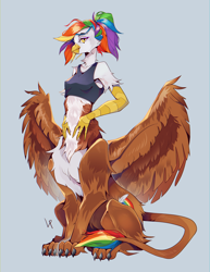 Size: 2478x3210 | Tagged: safe, artist:satway, derpibooru import, oc, oc only, oc:rainbow feather, taur, clothes, griffontaur, interspecies offspring, magical lesbian spawn, next generation, offspring, parent:gilda, parent:rainbow dash, parents:gildash, solo