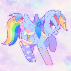 Size: 1750x1750 | Tagged: safe, artist:vivian reed, derpibooru import, part of a set, rainbow dash, pegasus, pony, g4, abstract background, bandaid, bandaid on nose, bipedal, bow, choker, chokerdash, clothes, colored wings, fairy kei, female, food, freckledash, freckles, frosting, furrowed brow, gradient hooves, gradient legs, hair bow, hairclip, mare, multicolored wings, no pupils, open mouth, open smile, rainbow freckles, raised hoof, raised leg, smiling, socks, solo, spread wings, striped socks, tail, tail bow, wings