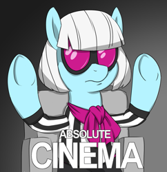 Size: 747x771 | Tagged: safe, artist:hardway bet, derpibooru import, photo finish, earth pony, pony, g4, absolute cinema, bipedal, bipedal leaning, caption, chair, cinema, clothes, colored, drawthread, female, gradient background, leaning, mare, meme, ponified, ponified meme, praise, raised hooves, reaction image, requested art, scarf, solo, species swap, text