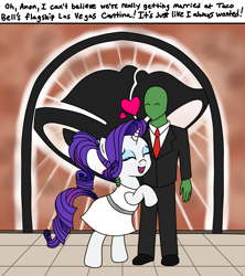 Size: 2000x2250 | Tagged: safe, artist:anonymous, artist:vomitvomiting, derpibooru import, rarity, oc, oc:anon, human, pony, unicorn, g4, belt, clothes, comic, cute, dialogue, drawthread, dress, duo, duo male and female, eyes closed, eyeshadow, female, hand on neck, happy, heart, horn, hug, human oc, implied marriage, las vegas, makeup, male, mare, necktie, one-panel comic, open mouth, open smile, ponytail, requested art, shirt, smiling, suit, taco bell, this will end in marriage, tiled floor, white dress, white shirt