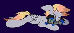 Size: 4032x1830 | Tagged: safe, artist:derpyalex2, derpibooru import, oc, oc only, oc:tweety, oc:tweety birb, pegasus, pony, commission, digital art, duo, lying down, pegasus oc, plushie, simple background