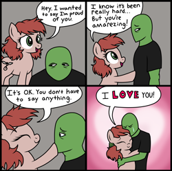 Size: 2000x1993 | Tagged: safe, alternate version, artist:anonymous, derpibooru import, oc, oc only, oc:anon, oc:harmony hugs, earth pony, human, pony, g4, 4 panel comic, black t-shirt, clothes, colored, comic, crying, drawthread, duo, duo male and female, earth pony oc, emotional support, female, female oc, frame, gradient background, heart, heart background, hug, i love you, male, mare, missing accessory, ponified, ponified comic, praise, requested art, shirt, species swap, t-shirt, teary eyes