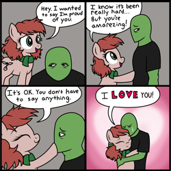 Size: 2000x1999 | Tagged: safe, alternate version, artist:anonymous, derpibooru import, oc, oc only, oc:anon, oc:harmony hugs, earth pony, human, pony, g4, 4 panel comic, black t-shirt, clothes, colored, comic, crying, drawthread, duo, duo male and female, earth pony oc, female, female oc, frame, gradient background, heart, heart background, hug, i love you, male, mare, ponified, ponified comic, praise, requested art, scarf, shirt, species swap, t-shirt, teary eyes