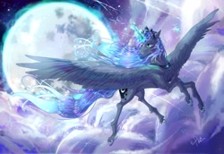 Size: 2048x1412 | Tagged: safe, artist:叶玹, derpibooru import, princess luna, alicorn, pony, g4, cloud, crown, ethereal mane, ethereal tail, female, flowing mane, flowing tail, flying, horn, jewelry, magic, mare, moon, night, night sky, peytral, regalia, sky, solo, spread wings, starry mane, starry tail, tail, telekinesis, wings