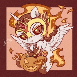 Size: 1500x1500 | Tagged: safe, artist:叶玹, derpibooru import, daybreaker, alicorn, pony, g4, candy, cute, daybweaker, diabreaker, food, halloween, holiday, mane of fire, pumpkin, solo, trick or treat