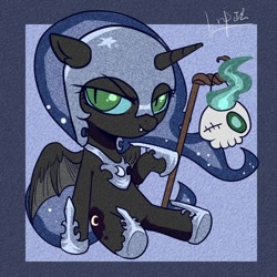 Size: 1500x1500 | Tagged: safe, artist:叶玹, derpibooru import, nightmare moon, alicorn, pony, g4, bone, cute, female, filly, foal, halloween, holiday, moe, moonabetes, nightmare woon, skeleton, solo, trick or treat