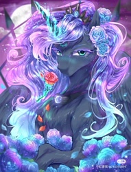 Size: 1080x1415 | Tagged: safe, artist:叶玹, derpibooru import, princess luna, alicorn, pony, g4, beautiful, blue eyes, blue mane, bust, chest fluff, crown, digital art, ethereal mane, eyelashes, feather, female, flower, flowing mane, glowing, glowing horn, horn, jewelry, lidded eyes, looking at you, magic, mare, moon, moonlight, night, petals, portrait, regalia, rose, solo, sparkles, spread wings, starry mane, telekinesis, wings