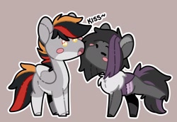 Size: 2048x1406 | Tagged: safe, artist:lazycloud, derpibooru import, oc, oc only, oc:mimicry, oc:primaryforce, changeling, pegasus, pony, changeling oc, kiss on the cheek, kissing, oc x oc, pegasus oc, purple changeling, shipping