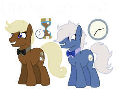 Size: 1032x774 | Tagged: safe, artist:meghan12345, derpibooru import, earth pony, pony, g4, battle for dream island, bowtie, clock (battle for dream island), cutie mark, duo, male, necktie, ponified, simple background, smiling, species swap, stallion, transparent background