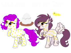 Size: 1032x774 | Tagged: safe, artist:meghan12345, derpibooru import, earth pony, pony, g4, battle for dream island, chest fluff, cutie mark, duo, ear fluff, ears, eggy (battle for dream island), eyeshadow, female, hoof fluff, hoof on neck, lidded eyes, makeup, mare, open mouth, ponified, simple background, species swap, spots, tail, tail fluff, transparent background