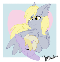 Size: 3354x3484 | Tagged: safe, artist:tkshoelace, derpibooru import, derpy hooves, dinky hooves, pegasus, pony, unicorn, g4, chest fluff, duo, duo female, ear fluff, ears, eyes closed, female, floppy ears, horn, hug, lying down, mother and child, mother and daughter, parent and child, sleeping, smiling, winghug, wings