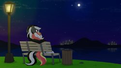 Size: 3840x2160 | Tagged: safe, artist:ljdamz1119, derpibooru import, oc, oc only, oc:kenn, oc:lazy sunday, earth pony, unicorn, bench, city, cityscape, duo, female, horn, lamppost, male, mare, moon, night, reflection, sitting, stallion, stargazing, stars, streetlight, trash can, water