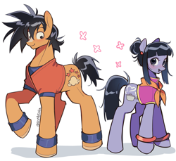 Size: 1073x982 | Tagged: safe, artist:erinartista, derpibooru import, earth pony, pony, anime, chichi, dragon ball, female, male, mare, ponified, simple background, son goku, species swap, stallion, white background