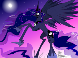 Size: 1247x935 | Tagged: safe, artist:michellethet-34, derpibooru import, princess luna, alicorn, pony, g4, gradient background, night, rearing, solo