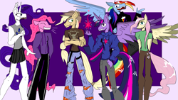 Size: 1649x927 | Tagged: safe, artist:michellethet-34, derpibooru import, applejack, fluttershy, pinkie pie, rainbow dash, rarity, twilight sparkle, alicorn, anthro, pegasus, unicorn, g4, clothes, crossed arms, cutie mark on clothes, denim, ear tufts, emanata, eyes closed, female, flying, grin, group, hand on hip, height difference, hoodie, horn, jeans, mane six, open mouth, open smile, pants, passepartout, purple background, ripped pants, sextet, sharp teeth, shirt, simple background, skirt, smiling, spread wings, standing, sweatpants, t-shirt, tanktop, teeth, torn clothes, wings