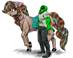 Size: 1250x1000 | Tagged: artist needed, safe, derpibooru import, oc, oc:anon, horse, human, braid, clothes, cocoa (wild manes), duo, duo male and female, eyeshadow, female, human and pony, human male, looking at each other, looking at someone, makeup, male, mare, open mouth, pants, saddle, shirt, shoes, simple background, tack, white background, wild manes