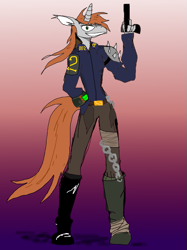 Size: 695x927 | Tagged: safe, artist:michellethet-34, derpibooru import, oc, oc only, oc:littlepip, anthro, unicorn, fallout equestria, gradient background, grin, gun, holding, horn, smiling, solo, weapon