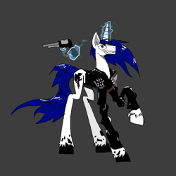 Size: 927x927 | Tagged: safe, artist:michellethet-34, derpibooru import, oc, oc only, pony, fallout equestria, concave belly, full body, gray background, grin, gun, handgun, lanky, long legs, magic, revolver, simple background, skinny, smiling, solo, tall, thin, weapon, white coat