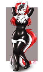 Size: 2123x3546 | Tagged: safe, artist:shadowraiser, derpibooru import, oc, oc:red rocket, anthro, unicorn, black dress, boots, chest fluff, clothes, dress, eyeshadow, female, gloves, high heels, horn, latex, latex boots, latex dress, lipstick, makeup, minidress, passepartout, rubber, shoes, socks, solo, stockings, thigh highs