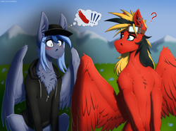 Size: 4000x2976 | Tagged: safe, artist:twotail813, derpibooru import, oc, oc only, oc:pixi feather, oc:twotail, pegasus, pony, semi-anthro, belly, belly button, blue eyes, blushing, chest fluff, clothes, cute, duo, duo female, ear fluff, ear piercing, earring, ears, eyeshadow, female, goggles, goggles on head, golden eyes, head turn, hoodie, jewelry, large wings, looking at someone, makeup, mare, not luna, pegasus oc, piercing, question mark, shrunken pupils, wings