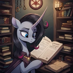 Size: 1024x1024 | Tagged: safe, ai content, derpibooru import, machine learning generated, oleander, unicorn, them's fightin' herds, book, bookshelf, community related, female, horn, prompter:cypher