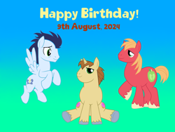 Size: 4096x3072 | Tagged: safe, derpibooru exclusive, derpibooru import, big macintosh, donut joe, soarin', earth pony, pegasus, g4, gradient background, male, stallion, text, trio, trio male