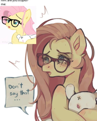 Size: 614x768 | Tagged: source needed, safe, artist:earthlover, derpibooru import, fluttershy, pegasus, pony, g4, blushing, bunny plushie, dialogue, ear blush, emanata, female, freckles, freckleshy, frown, glasses, hoof blush, human shoulders, lidded eyes, mare, no catchlights, no pupils, nose blush, open frown, open mouth, plushie, redraw, shoulder blush, slightly desaturated, solo, speech bubble, text