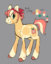 Size: 706x876 | Tagged: safe, artist:beyhr, derpibooru import, part of a set, oc, oc only, oc:pink lady, earth pony, pony, alternate universe, appaloosa, apple family member, bandana, blaze (coat marking), blue eyes, brown hooves, coat markings, color palette, colored ears, colored hooves, colored muzzle, cream coat, earth pony oc, eyelashes, facial markings, female, female oc, gray background, heart, heart mark, hooves, leg markings, long description, looking back, lore in description, mare oc, mealy mouth (coat marking), pale muzzle, profile, reference sheet, short mane, short tail, simple background, smiling, socks (coat marking), standing, tail, text, two toned mane, two toned tail