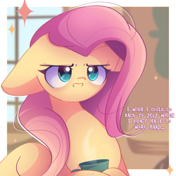 Size: 2400x2400 | Tagged: safe, artist:miryelis, derpibooru import, fluttershy, pegasus, pony, g4, big ears, big eyes, big head, cup, dialogue, ears, female, floppy ears, fluttershy's cottage (interior), frown, indoors, long hair, mare, narrowed eyes, open frown, open mouth, passepartout, sad eyes, shiny coat, shiny eyes, solo, sparkles, text, tired, white text