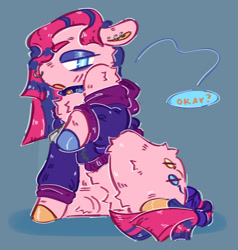 Size: 1289x1352 | Tagged: safe, artist:tottallytoby, derpibooru import, pinkie pie, earth pony, pony, g4, alternate design, alternate mane color, alternate tail color, belly fluff, blue background, blue eyes, blue eyeshadow, chest fluff, choker, clothes, colored eyebrows, colored hooves, colored pinnae, commission, crossed out cutie mark, dialogue, dyed mane, dyed tail, ear piercing, earring, ears, edgy, eyeshadow, female, floppy ears, fluffy, frown, hooves, human shoulders, jacket, jewelry, leg fluff, looking at you, makeup, mare, mismatched hooves, multicolored hooves, narrowed eyes, nose piercing, off shoulder, open frown, open mouth, orange text, piercing, pink coat, pinkamena diane pie, profile, pubic fluff, raised hoof, raised leg, septum piercing, shadow, shiny hooves, shoulder fluff, simple background, sitting, solo, speech bubble, spiked choker, straight mane, straight tail, tail, text, two toned mane, two toned tail, vulgar description, vulgar source, white pupils