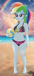 Size: 901x2000 | Tagged: safe, artist:emeraldblast63, derpibooru import, part of a set, rainbow dash, equestria girls, g4, barefoot, belly, belly button, bikini, breasts, clothes, feet, female, nail polish, ocean, rainboob dash, rainbow dash's beach shorts swimsuit, solo, sports, stupid sexy rainbow dash, swimsuit, toenail polish, toenails, toes, volleyball, water